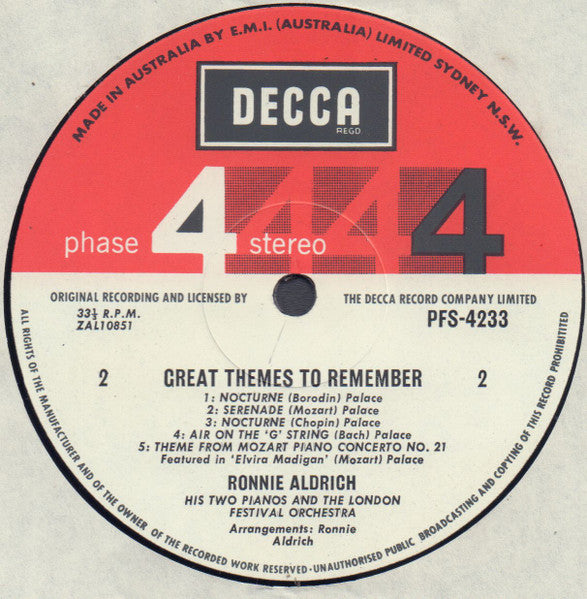 Ronnie Aldrich And His Two Pianos With The London Festival Orchestra : Great Themes To Remember (LP)
