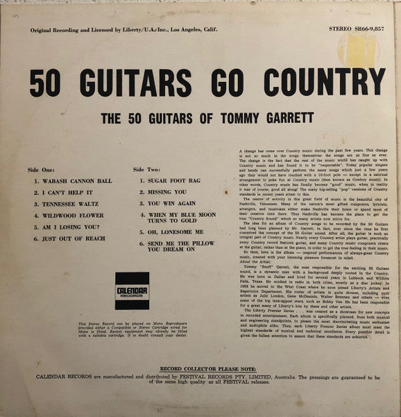 The 50 Guitars Of Tommy Garrett : 50 Guitars Go Country (LP, RE)