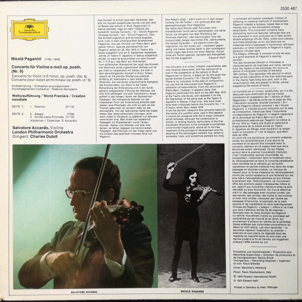 Nicolò Paganini* - Salvatore Accardo • London Philharmonic Orchestra • Charles Dutoit : Concerto Per Violino (No. 6) (LP, Album)