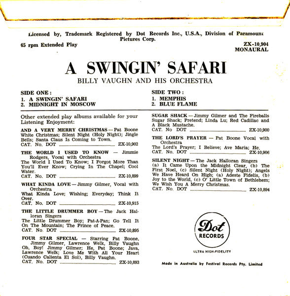 Billy Vaughn And His Orchestra : A Swingin' Safari (7", EP, Mono)