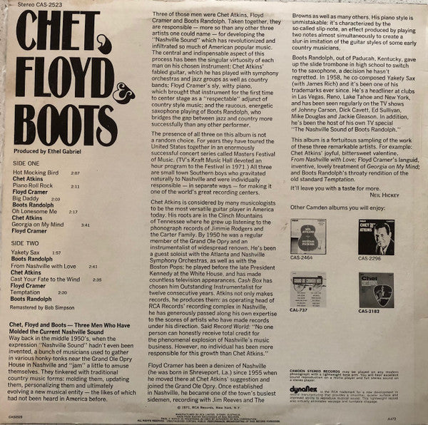 Chet Atkins / Floyd Cramer / Boots Randolph : Chet, Floyd & Boots (LP, Comp)