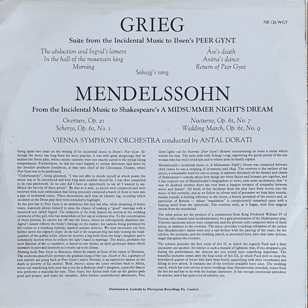 Edvard Grieg / Felix Mendelssohn-Bartholdy ; Wiener Symphoniker Conducted By Antal Dorati : Excerpts From Peer Gynt Incidental Music / Excerpts From A Midsummer Night's Dream Incidental Music (LP)