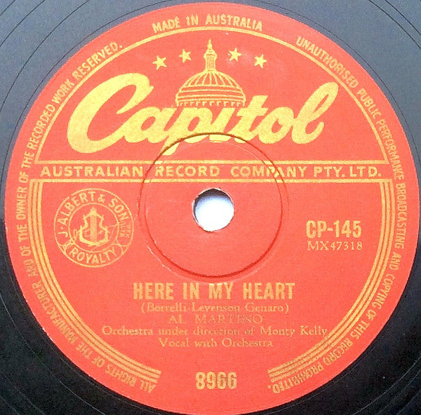 Al Martino : Here In My Heart / I Cried Myself To Sleep (Shellac, 10")