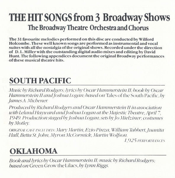 The Broadway Theatre Orchestra & Chorus : Hit Songs From 3 Broadway Shows (CD)