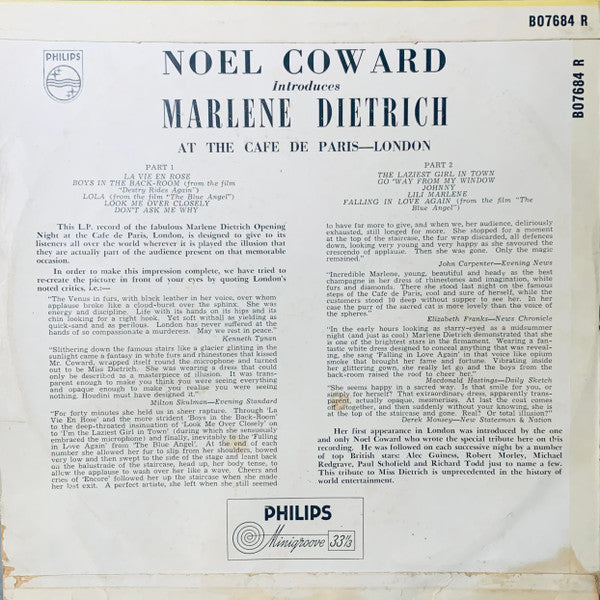 Noël Coward Introduces Marlene Dietrich : At The Cafe De Paris (10", Album, Mono)