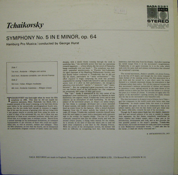 Pyotr Ilyich Tchaikovsky / The Hamburg Pro Musica, George Hurst : Fifth Symphony In E Minor Opus 64 (LP, RP)