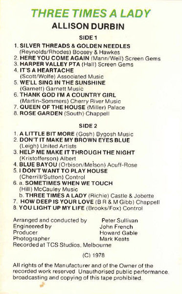Allison Durbin : Three Times A Lady (Cass, Album)