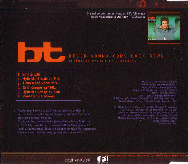 BT Featuring M. Doughty* : Never Gonna Come Back Down (Remixes) (CD, Single)