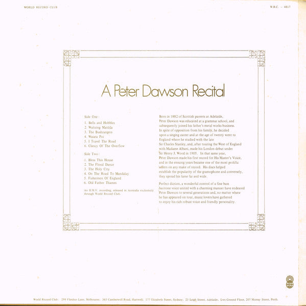 Peter Dawson : A Peter Dawson Recital (LP, Comp, Mono, Club, RE)