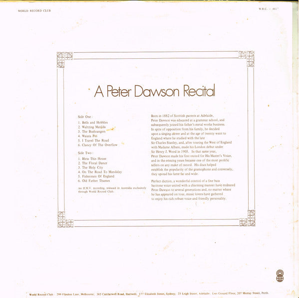 Peter Dawson : A Peter Dawson Recital (LP, Comp, Mono, Club, RE)