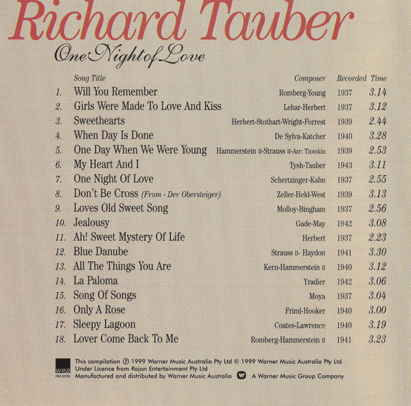 Richard Tauber : One Night Of Love (CD, Comp)