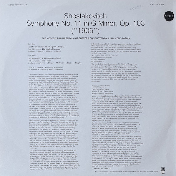 Shostakovitch* / The Moscow Philharmonic Orchestra* Conducted By Kiril Kondrashin : Symphony No. 11 In G Minor, Op. 103 ("1905") (LP, Album, Club)