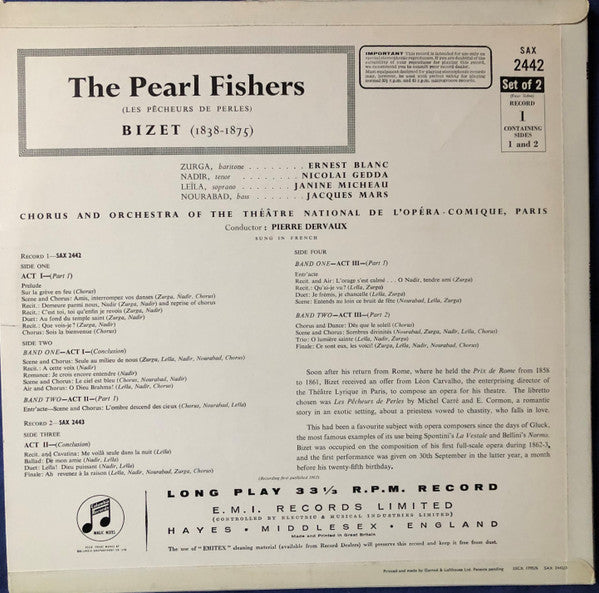Bizet* - Chorus* And Orchestra Of The Théâtre National De L'Opéra-Comique, Paris* Conducted Pierre Dervaux (2) : The Pearl Fishers (LP, Album + LP, Album)