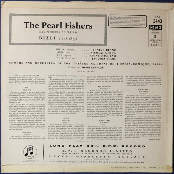 Bizet* - Chorus* And Orchestra Of The Théâtre National De L'Opéra-Comique, Paris* Conducted Pierre Dervaux (2) : The Pearl Fishers (LP, Album + LP, Album)