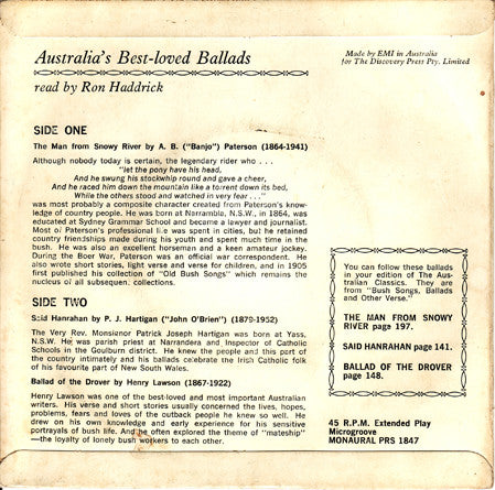 Ron Haddrick : Australia's Best-loved Ballads (7", EP, Mono)