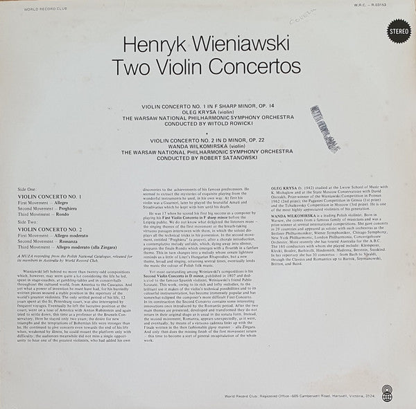 Henryk Wieniawski : Two Violin Concertos (LP, Album, Club, RE)