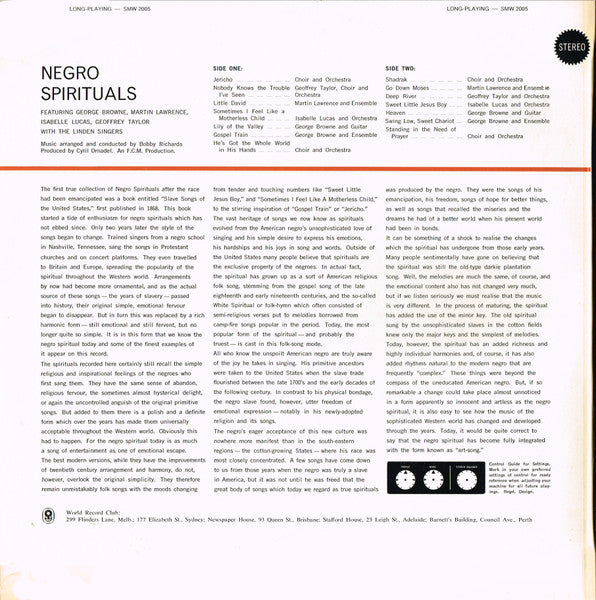 The New World Show Orchestra With The Linden Singers And Starring George Browne, Martin Lawrence (6), Isabelle Lucas And Geoffrey Taylor : Negro Spirituals (LP, Album, Club, RE)