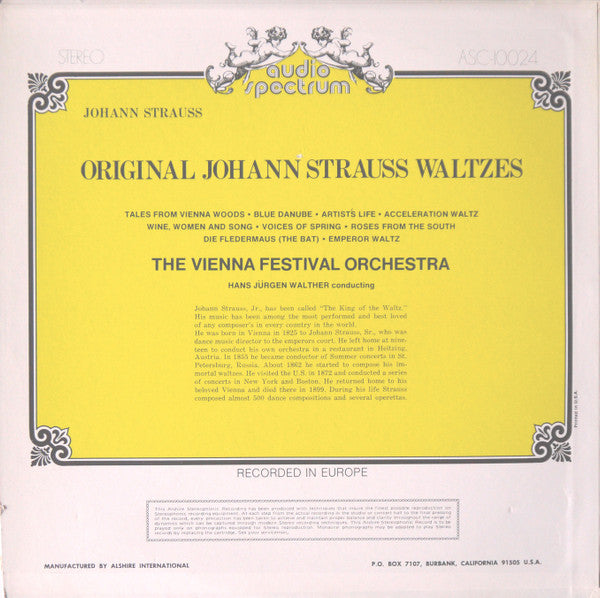 Johann Strauss Jr., Wiener Festspielorchester Conducted By Hans-Jürgen Walther : Original Johann Strauss Waltzes (LP)