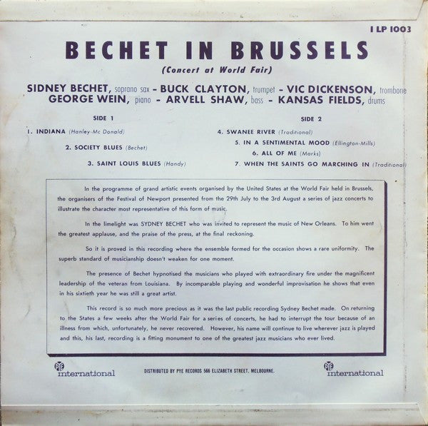 Sidney Bechet : Bechet In Brussels (Concert At World Fair) (LP, Album)