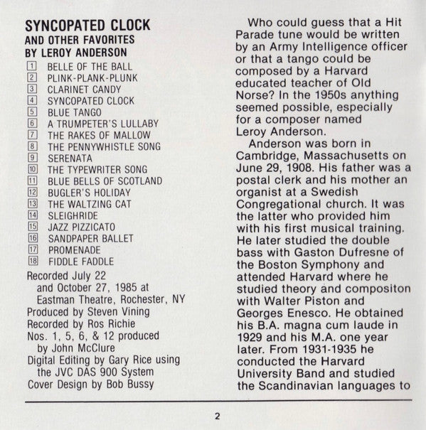 Leroy Anderson, Erich Kunzel, Rochester Pops* : Syncopated Clock (And Other Favorites By Leroy Anderson) (CD, Album)