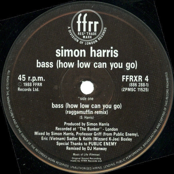 Simon Harris : Bass (How Low Can You Go) (Ragamuffin & Streets Ahead Remixes) (12", Single)