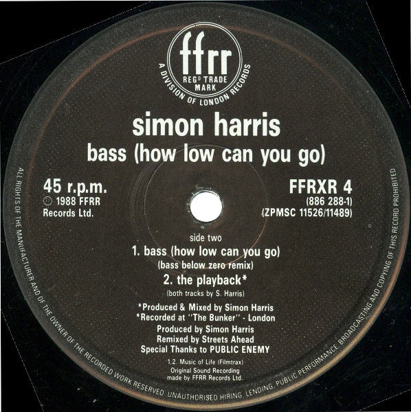 Simon Harris : Bass (How Low Can You Go) (Ragamuffin & Streets Ahead Remixes) (12", Single)