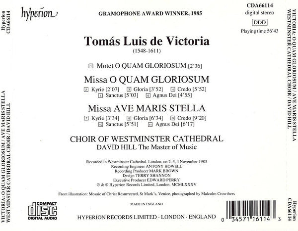 Victoria* / Westminster Cathedral Choir, David Hill : Ave Maris Stella • O Quam Gloriosum (CD, Album, RE)