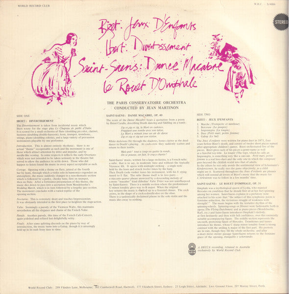 Bizet* / Ibert* / Saint-Saëns*, Paris Conservatoire Orchestra*, Jean Martinon : Divertissement / Jeux D'Enfants / Danse Macabre / Le Rouet D'Omphale (LP, Album, Club)