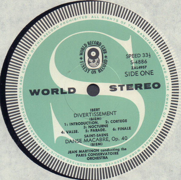 Bizet* / Ibert* / Saint-Saëns*, Paris Conservatoire Orchestra*, Jean Martinon : Divertissement / Jeux D'Enfants / Danse Macabre / Le Rouet D'Omphale (LP, Album, Club)