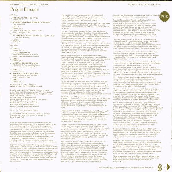 Prague "Pro Arte Antiqua" Ensemble Of Ancient Instruments*, Jiri Ignac Linek*, Bohuslav Matej Cernohorsky*, Frantisek Ignac Antonin Tuma*, Joseph Myslivecek*, Jan Zach, Jan Ignac Frantisek Wojta* : Prague Baroque (LP, Album, Club, RE)