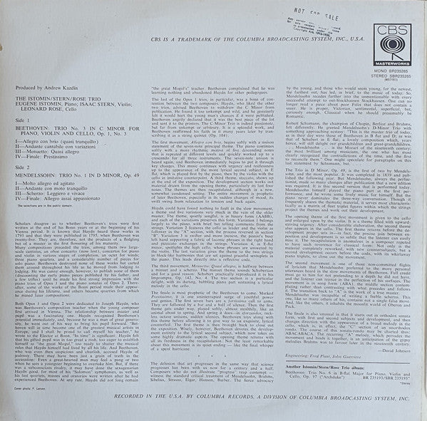Ludwig van Beethoven / Felix Mendelssohn-Bartholdy - The Istomin/Stern/Rose Trio : Trio In C Minor, Op. 1, No. 3 / Trio In D Minor, Op. 49 (LP, Album)