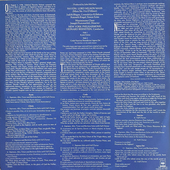 Joseph Haydn - Leonard Bernstein · New York Philharmonic, Judith Blegen, Gwendolyn Killebrew, Kenneth Riegel, Simon Estes ~ Westminster Symphonic Choir : Joseph Flummerfelt : Lord Nelson Mass (No. 9 In D Minor) (LP, Album)