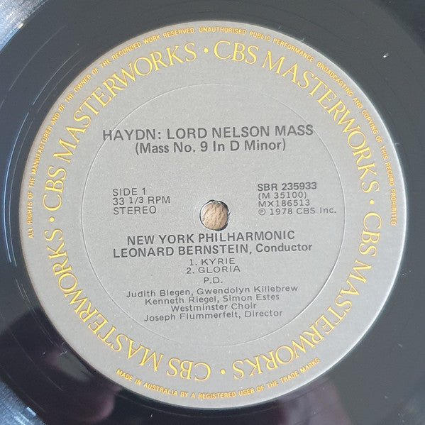 Joseph Haydn - Leonard Bernstein · New York Philharmonic, Judith Blegen, Gwendolyn Killebrew, Kenneth Riegel, Simon Estes ~ Westminster Symphonic Choir : Joseph Flummerfelt : Lord Nelson Mass (No. 9 In D Minor) (LP, Album)