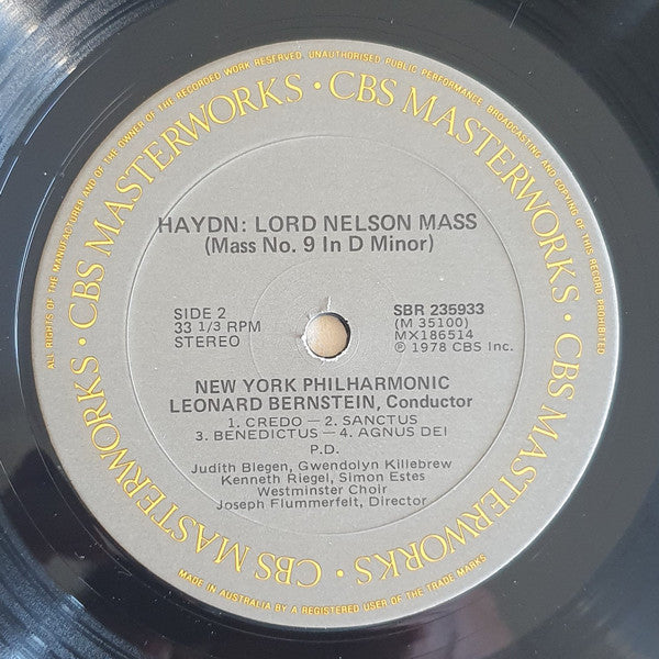 Joseph Haydn - Leonard Bernstein · New York Philharmonic, Judith Blegen, Gwendolyn Killebrew, Kenneth Riegel, Simon Estes ~ Westminster Symphonic Choir : Joseph Flummerfelt : Lord Nelson Mass (No. 9 In D Minor) (LP, Album)