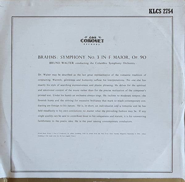 Brahms* : Bruno Walter Conducting Columbia Symphony Orchestra : Symphony No. 3 (LP, Album)