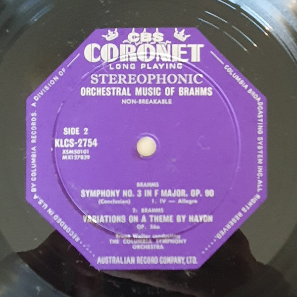 Brahms* : Bruno Walter Conducting Columbia Symphony Orchestra : Symphony No. 3 (LP, Album)