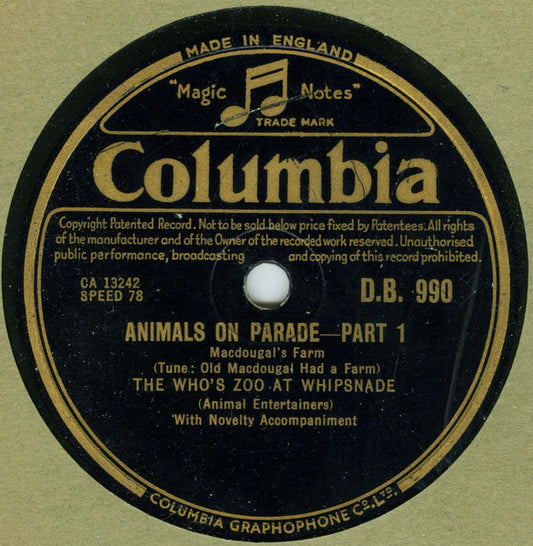 The Who's Zoo At Whipsnade : Animals On Parade - Part 1 / Animals On Parade - Part 2 (Shellac, 10")