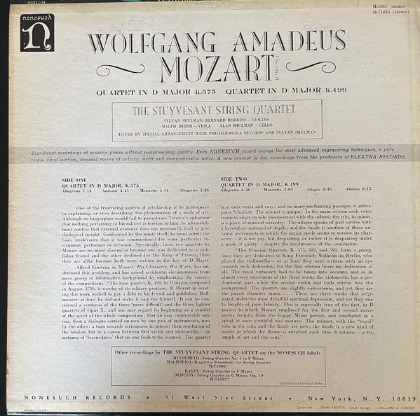 Wolfgang Amadeus Mozart - The Stuyvesant String Quartet : Quartet In D Major K.575; Quartet In D Major K.499 (LP)