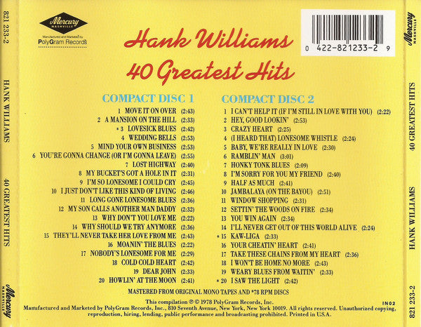 Hank Williams : 40 Greatest Hits (2xCD, Comp)