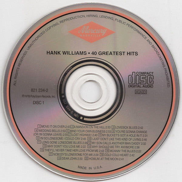 Hank Williams : 40 Greatest Hits (2xCD, Comp)