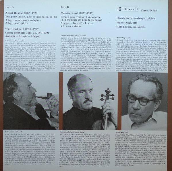 Albert Roussel, Willy Burkhard, Maurice Ravel, Rolf Looser, Hansheinz Schneeberger, Walter Kägi : Trio À Cordes / Sonate Für Solo-Bratsche / Sonate Pour Violon Et Violoncelle (LP, Album, Gat)