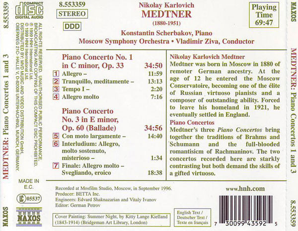 Medtner*, Konstantin Scherbakov, Moscow Symphony Orchestra*, Vladimir Ziva : Piano Concertos Nos. 1 And 3 (CD, Album)