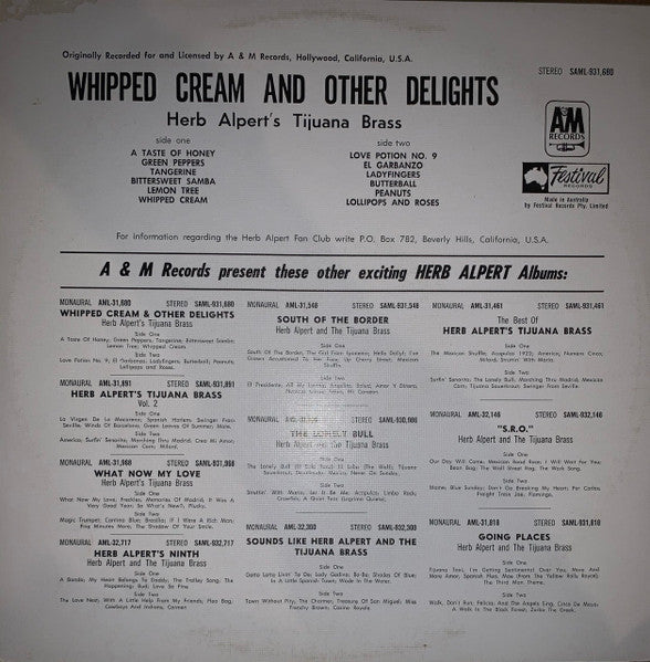 Herb Alpert's Tijuana Brass* : Whipped Cream & Other Delights (LP, Album, RE, RP)