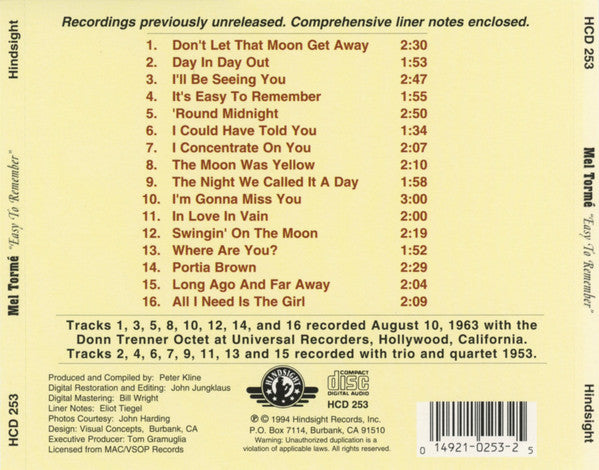 Mel Tormé : Easy To Remember (CD, Comp)