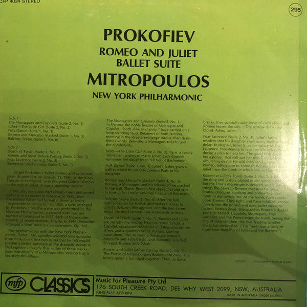 Sergei Prokofiev, Dimitri Mitropoulos, New York Philharmonic : Romeo And Juliet Ballet Suite (LP)