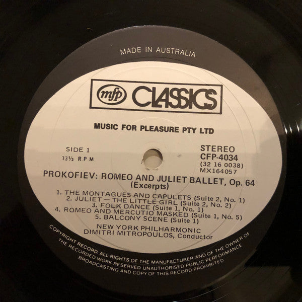 Sergei Prokofiev, Dimitri Mitropoulos, New York Philharmonic : Romeo And Juliet Ballet Suite (LP)