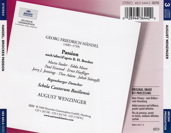 Handel* - Maria Stader · Edda Moser · Paul Esswood / Ernst Haefliger · Jerry J. Jennings / Theo Adam · Jakob Stämpfli* / Regensburger Domchor · Schola Cantorum Basiliensis / August Wenzinger : Brockes Passion (3xCD, Album, RE, RM)