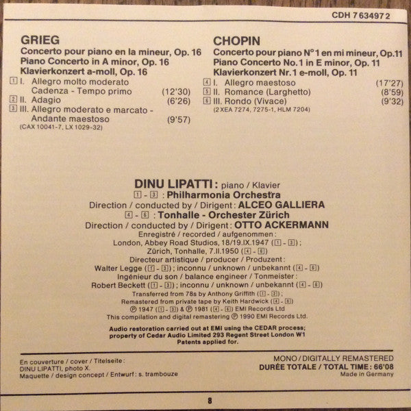 Grieg* • Chopin* : Dinu Lipatti • Philharmonia Orchestra • Tonhalle-Orchester Zürich • Alceo Galliera • Otto Ackermann : Piano Concertos (CD, Comp, Mono, RM)