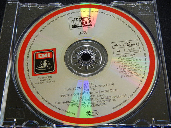 Grieg* • Chopin* : Dinu Lipatti • Philharmonia Orchestra • Tonhalle-Orchester Zürich • Alceo Galliera • Otto Ackermann : Piano Concertos (CD, Comp, Mono, RM)