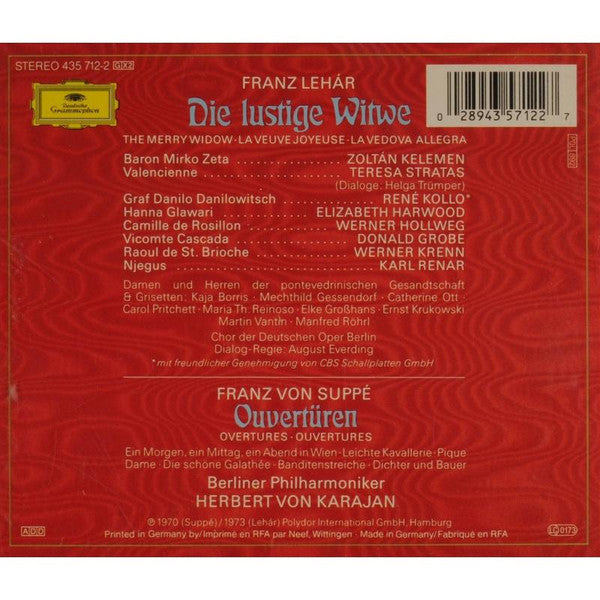 Franz Lehár / Franz von Suppé - Elizabeth Harwood • Teresa Stratas • Werner Hollweg • René Kollo • Zoltán Kelemen* • Chor der Deutschen Oper Berlin • Berliner Philharmoniker • Herbert von Karajan : Die Lustige Witwe / Ouvertüren (2xCD, Album, RE, RM)